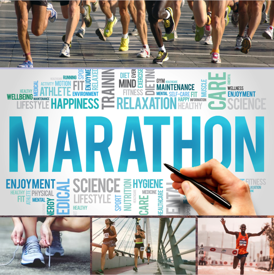 People running and all the words on a list that describe marathons 