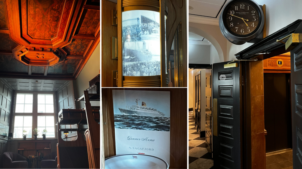 a collection of images of the museum inside the Amerkalinjen Hotel